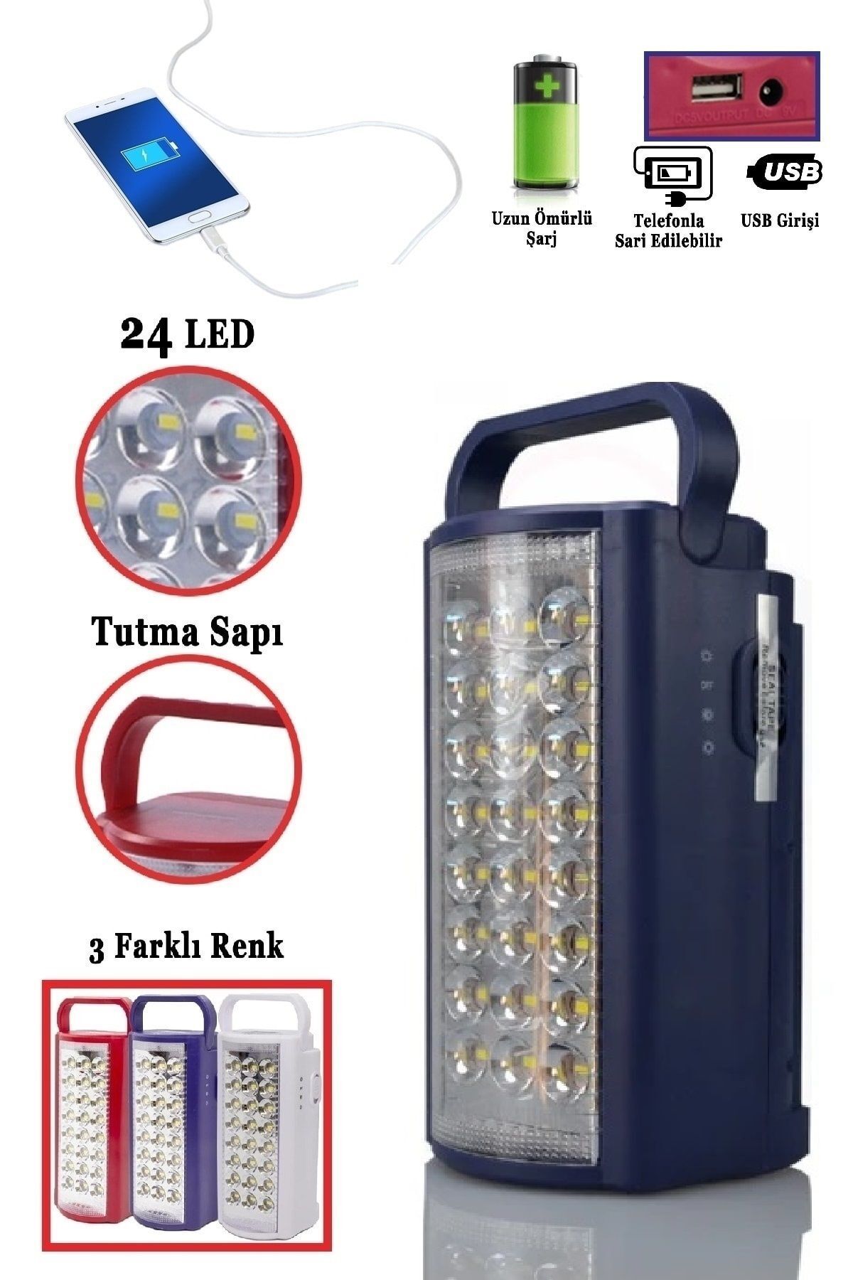 24 Led Ultra Güçlü Şarjlı Işıldak Powerbank El Feneri Kamp Masa Kafa Avcı Piknik Çadır Lambası