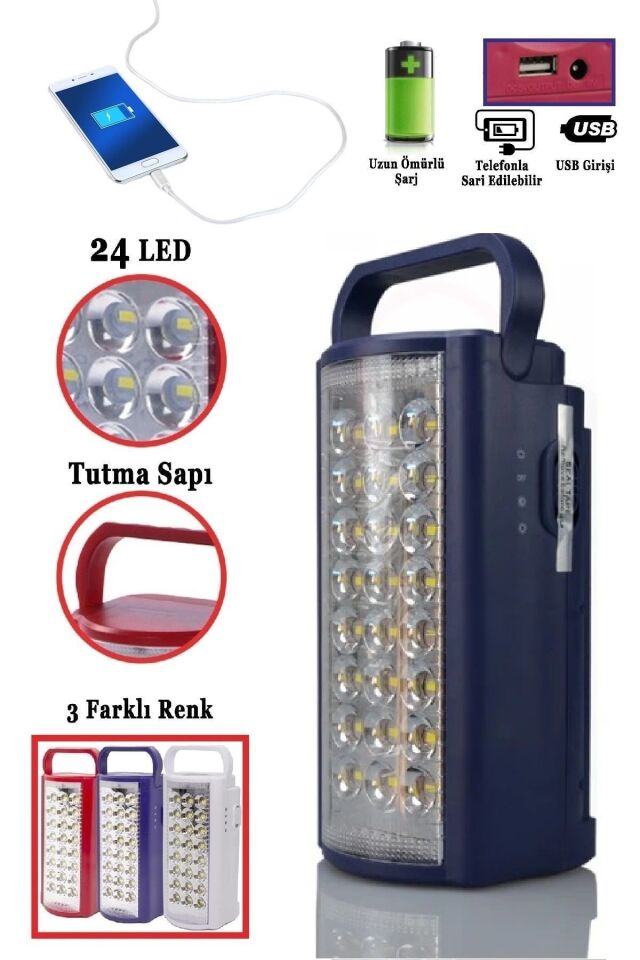 24 Led Ultra Güçlü Şarjlı Işıldak Powerbank El Feneri Kamp Masa Kafa Avcı Piknik Çadır Lambası