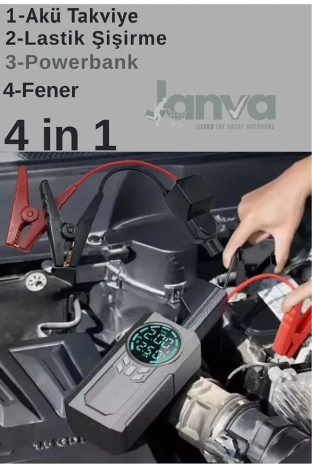 JanvaPlus 4in1 Akü Takviye+Hava Pompası+LED Fener+Powerbank