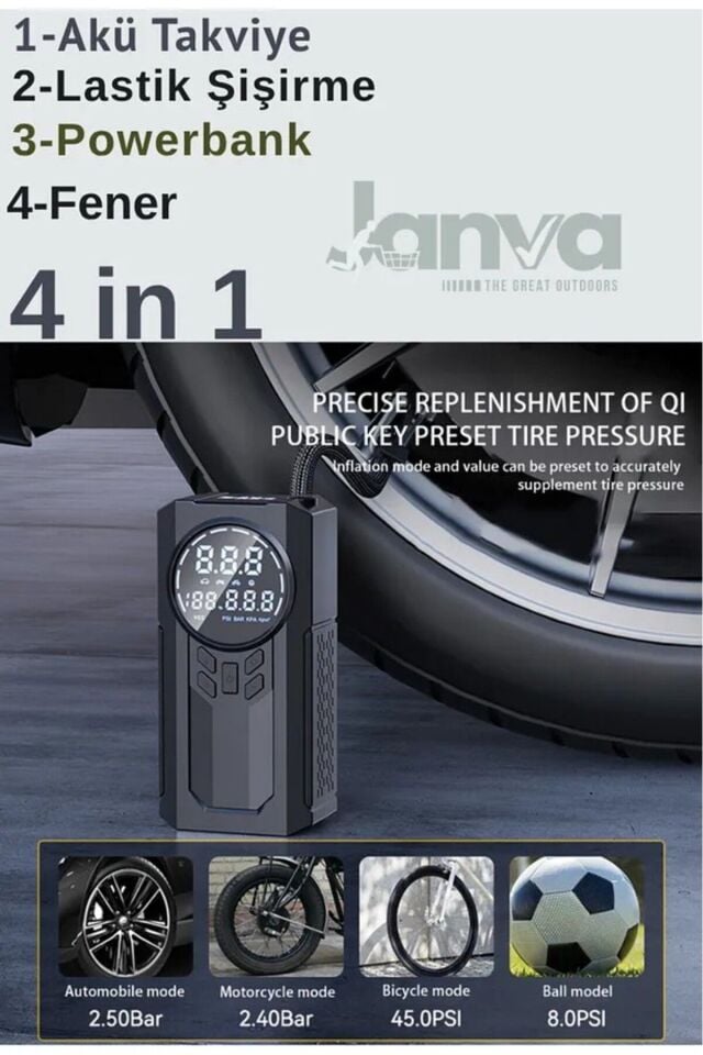 JanvaPlus 4in1 Akü Takviye+Hava Pompası+LED Fener+Powerbank