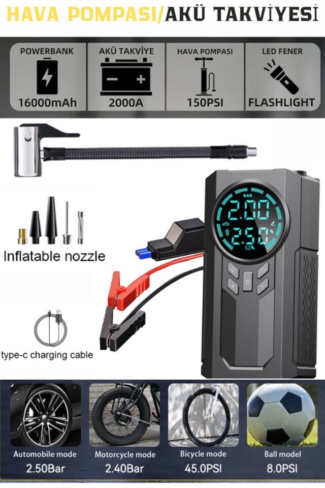 JanvaPlus 4in1 Akü Takviye+Hava Pompası+LED Fener+Powerbank