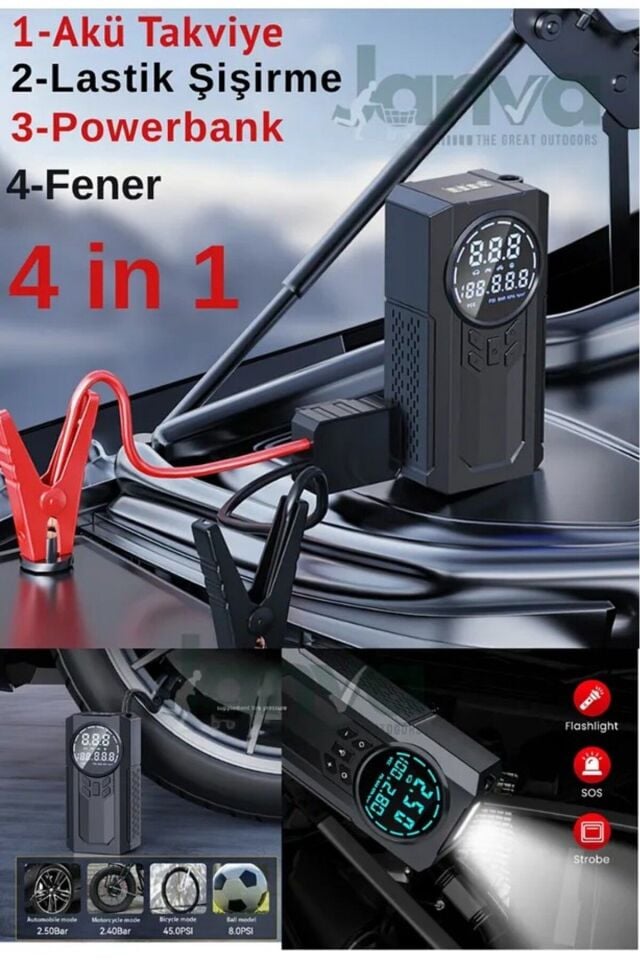 JanvaPlus 4in1 Akü Takviye+Hava Pompası+LED Fener+Powerbank