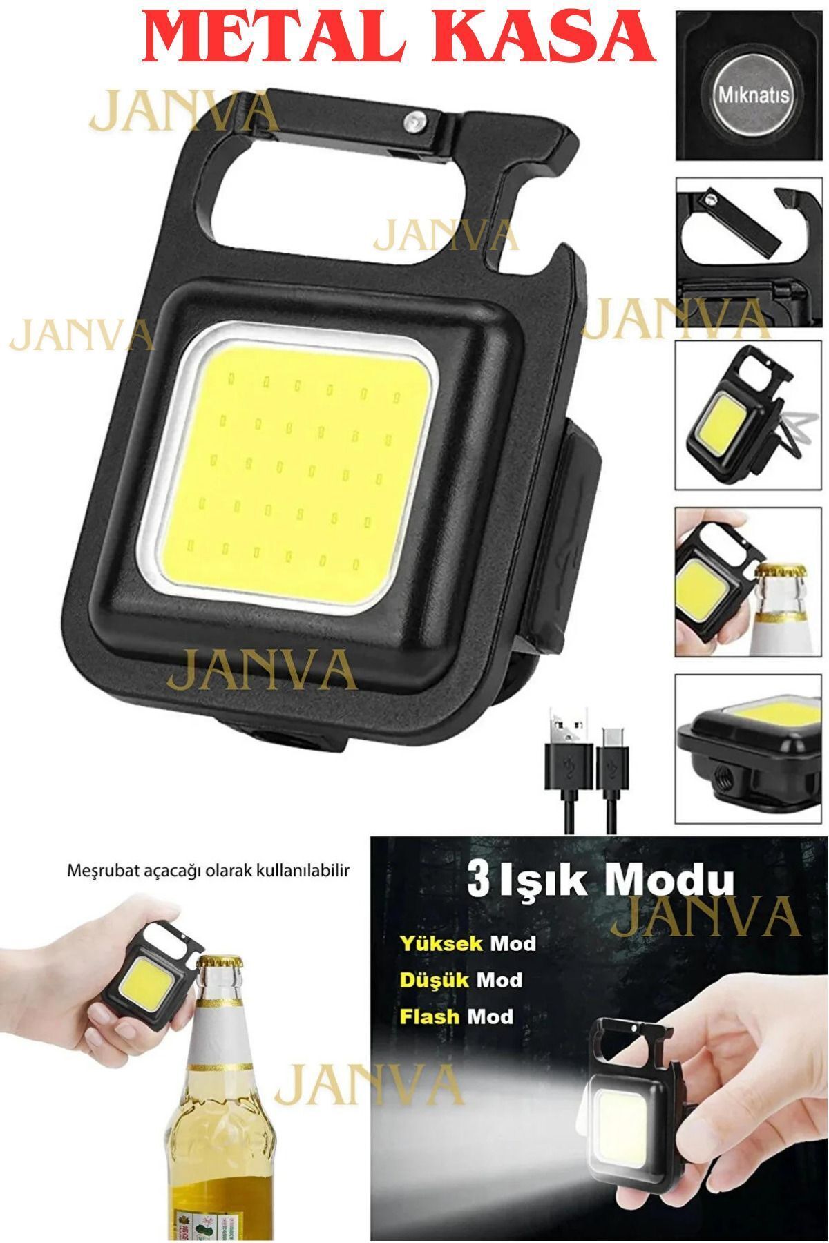1200 Mah Mini Led, Anahtarlı El Feneri, Flash, Mıknatıslı , Su Geçirmez, Şişe Açacaklı , Şarjlı