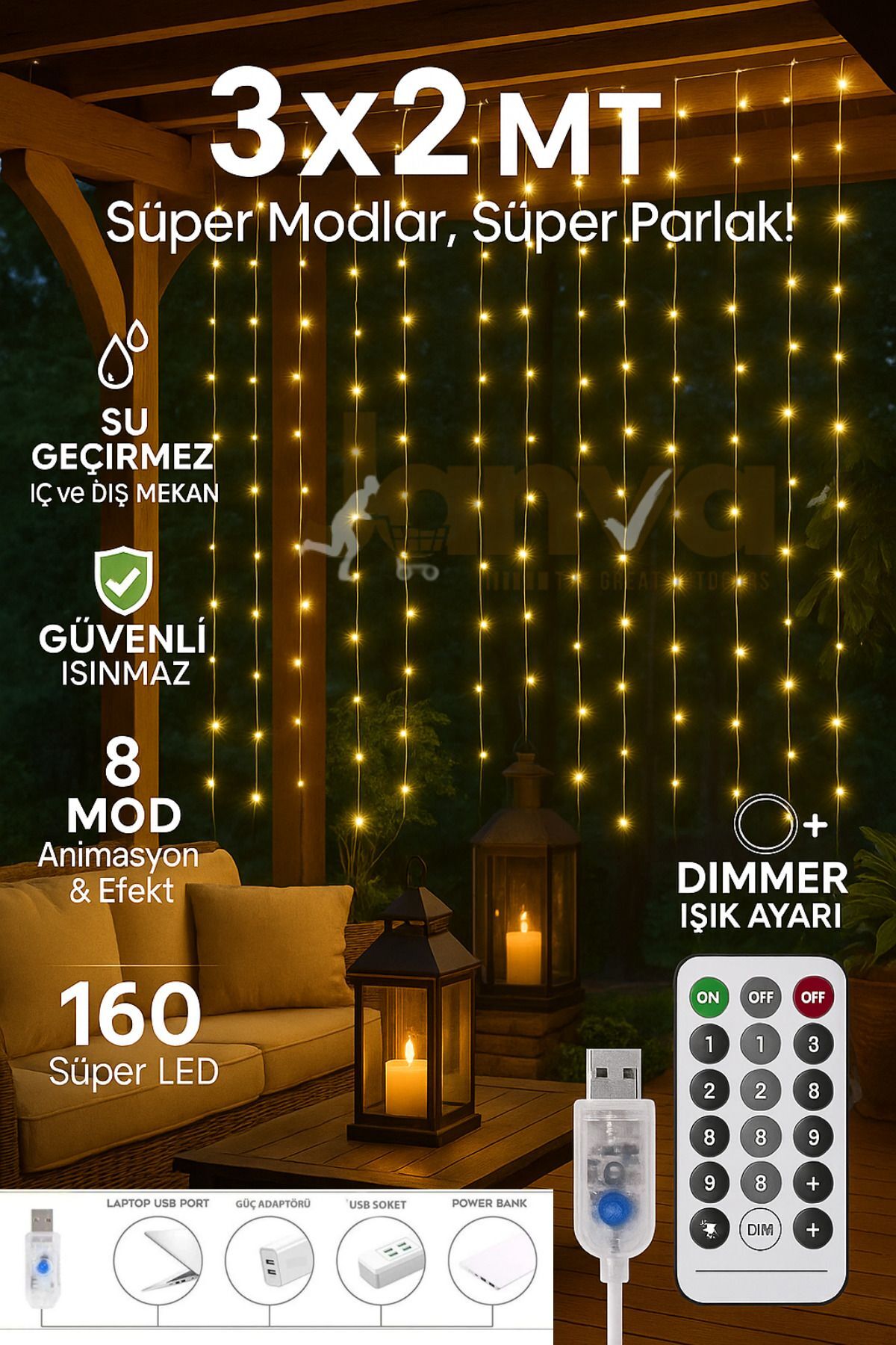 Usb Perde Peri Led Kumandali Dekoratif Su Geçirmez Sarı 3x2 Metre