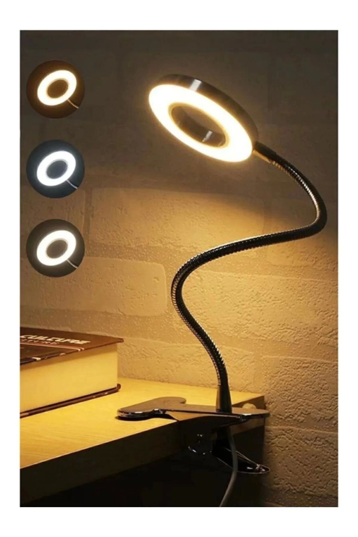 Mandallı Led Çalışma Okuma Işığı Ayarlanabilir Işık 3 Renk Masa Gece Lambası Telefon Tutucu Hediyeli