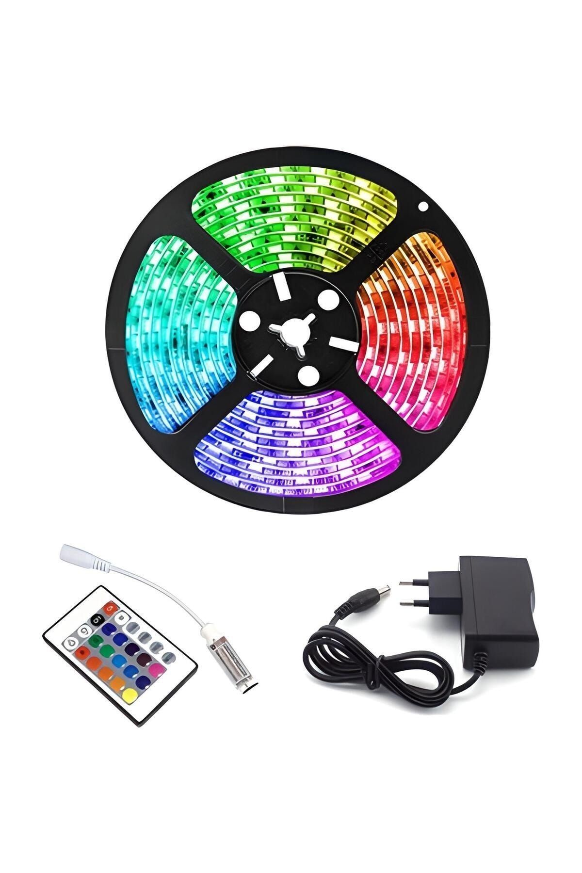 Şerit Led İç Ve Dış Mekan 5 Metre Kumandalı Set Tak Çalıştır 16 Renk Adaptör Silikonlu, 5Mt