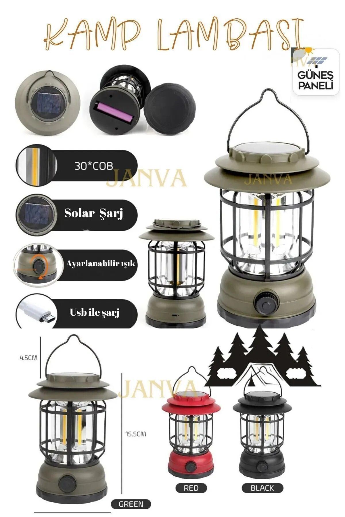 Nostaljik ışığı ayarlanabilir Şarjlı Ledli Kamp Lambası Işıldak Fener 18650 şarjlı pilli