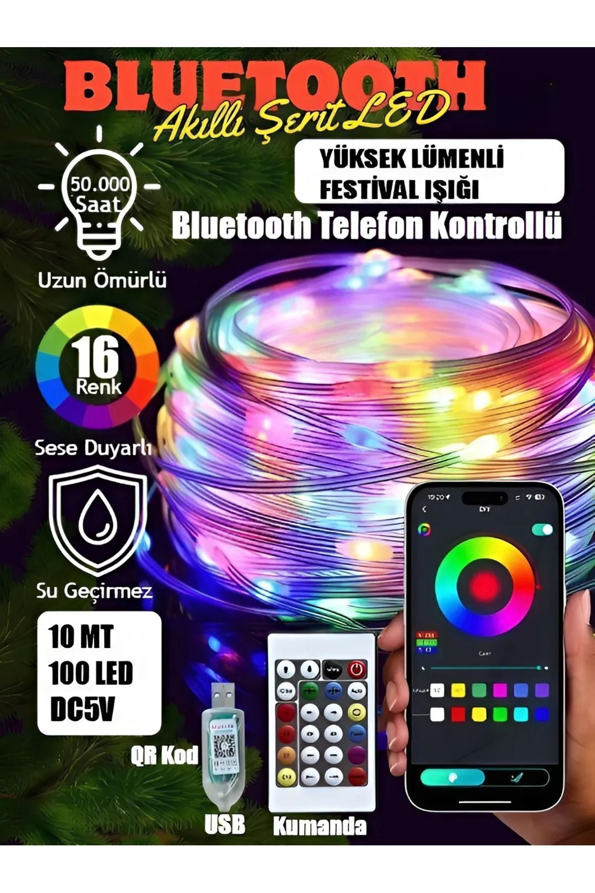 10 mt Akıllı Led Işık Bluetooth Telefon Kontrolü Su Geçirmez Sese Duyarlı Ev Bahçe Aydınlatma Süsü