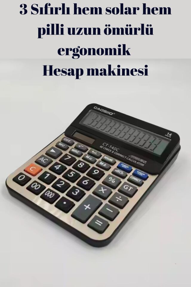 Hesap Makinesi Profosyonel Muhasebeci Market İşyeri 3 Sıfırlı Solar ve Pilli 14 Haneli
