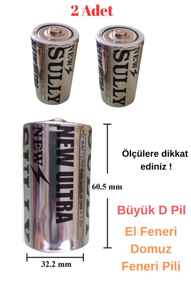 2 adet D Pil El Feneri Radyo Domuz Feneri Pili Ölçüyü dikkate alınız (32mmx60mm)