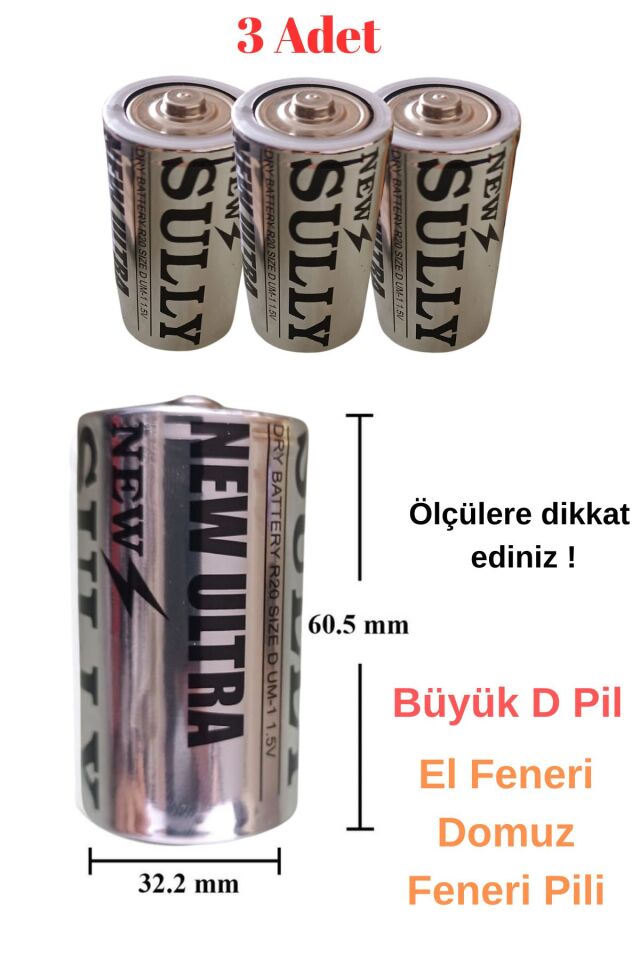 3 adet D Pil El Feneri Radyo Domuz Feneri Pili Ölçüyü dikkate alınız (32mmx60mm)