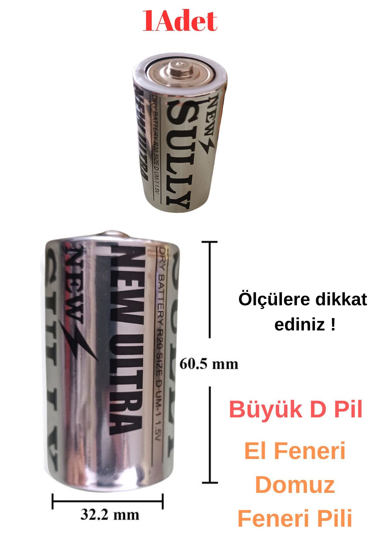 1 adet D Pil El Feneri Radyo Domuz Feneri Pili Ölçüyü dikkate alınız (32mmx60mm)