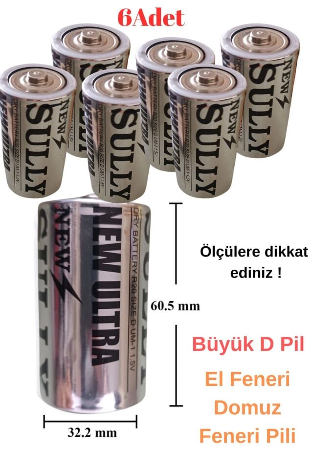6 adet D Pil El Feneri Radyo Domuz Feneri Pili Ölçüyü dikkate alınız (32mmx60mm)