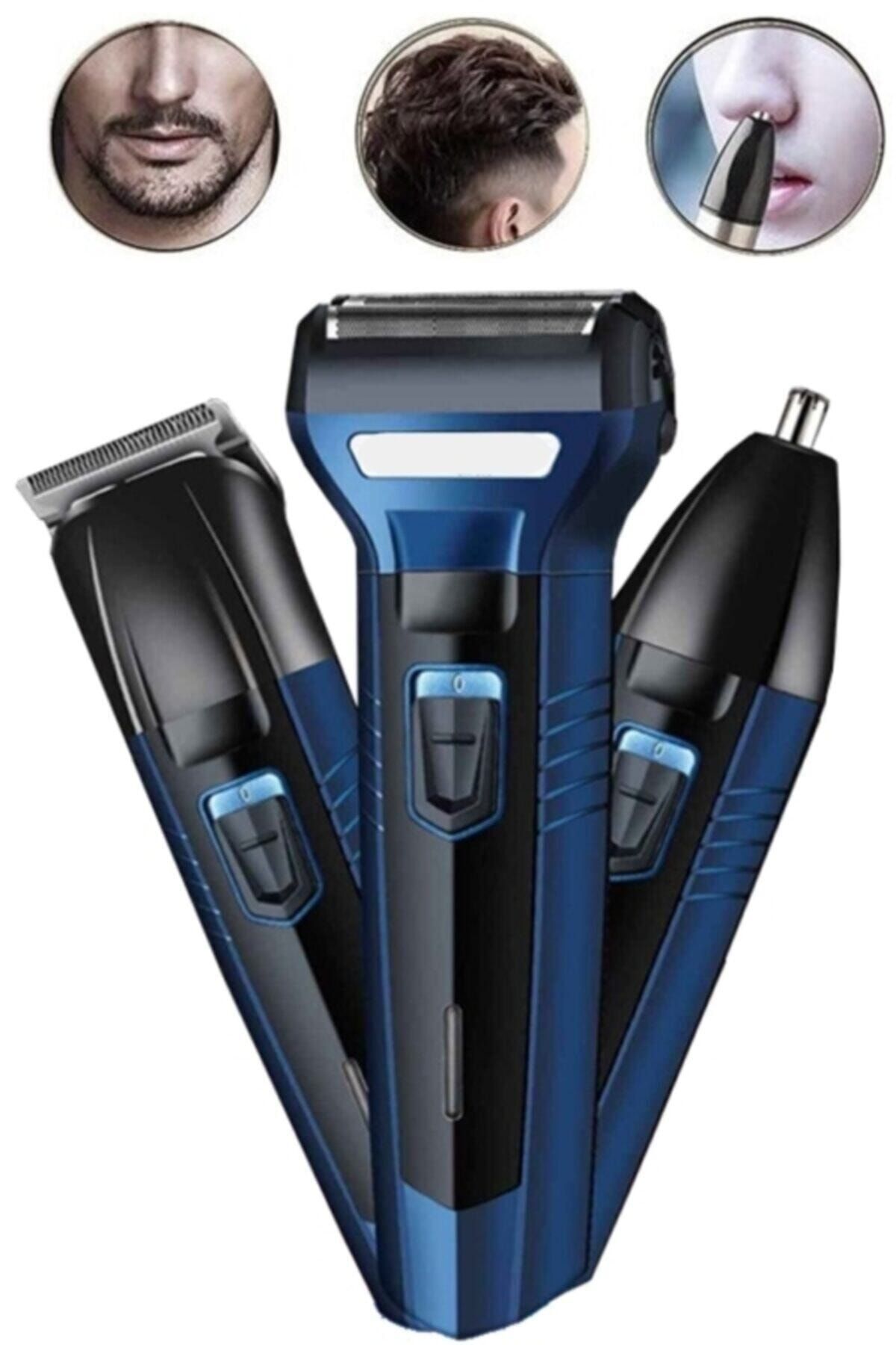 Mavi 3ü1 Erkek Bakım Seti Saç Sakal Burun Tıraş Makinesi Traş Makinesi Saç Sakal Düzeltme