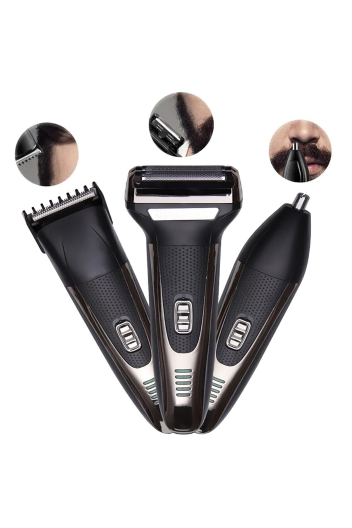 3'lü Set Saç Sakal Kesme Tıraş Traş Makinesi Burun Kılı Alma 3ü1 Pro Model Erkek Bakım Set