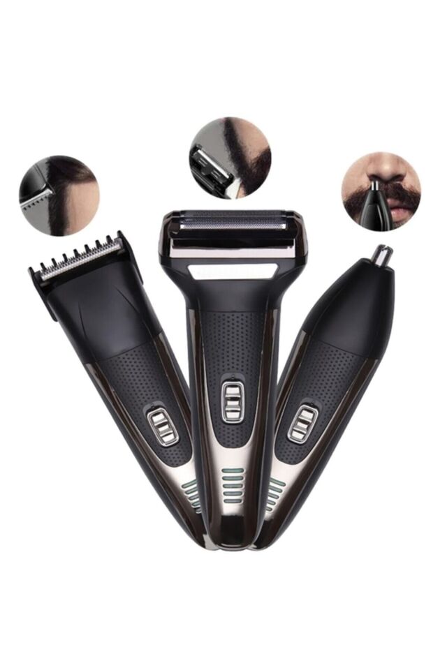 3'lü Set Saç Sakal Kesme Tıraş Traş Makinesi Burun Kılı Alma 3ü1 Pro Model Erkek Bakım Set