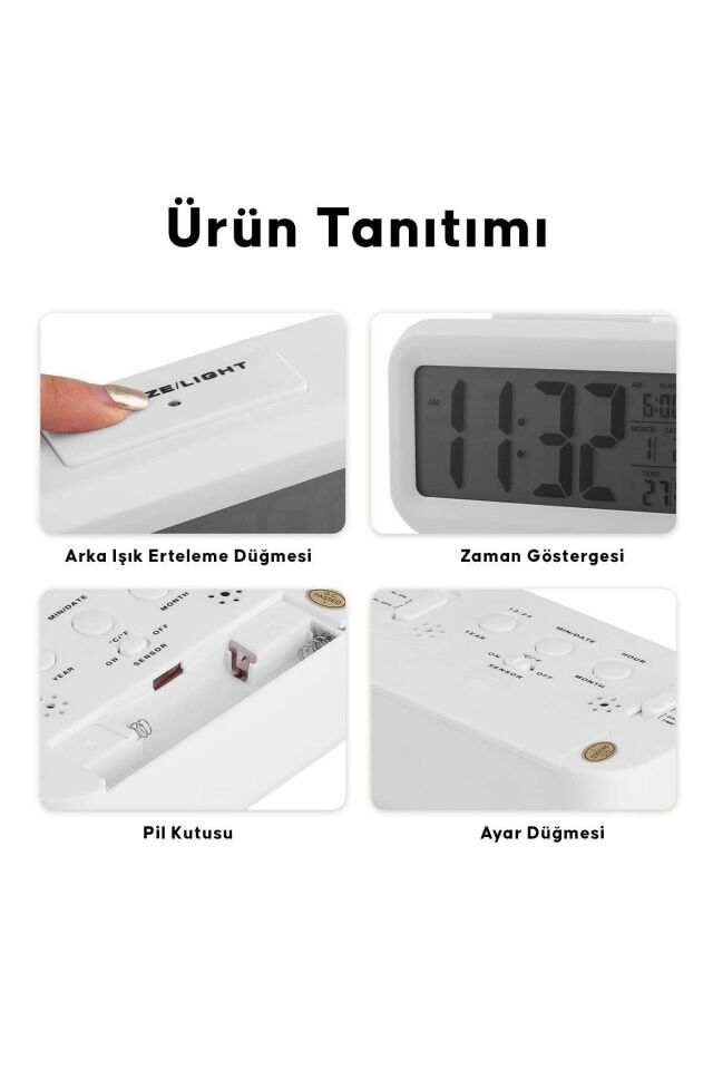 Öğrenci Ders Çalışma Dijital Masa Saati Fotoselli Alarmlı Işıklı Termometre Takvim Çalar Saat