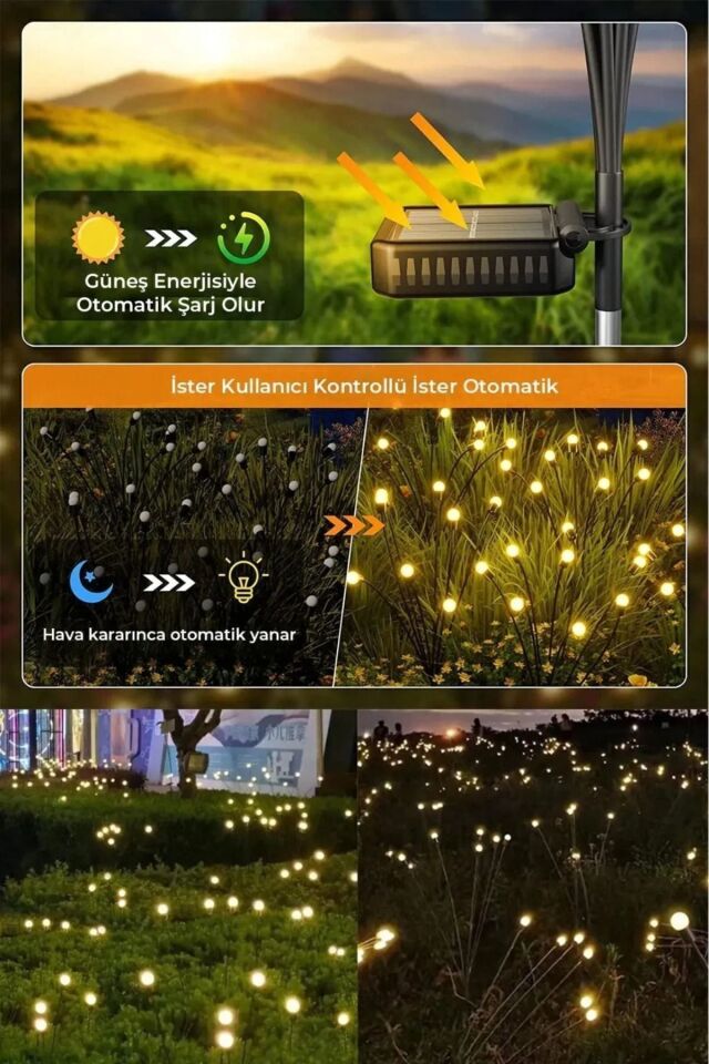 2 Adet 6 Led'li Güneş Enerjili Ateş Böceği Çiçek Lamba 12adet Led Işık