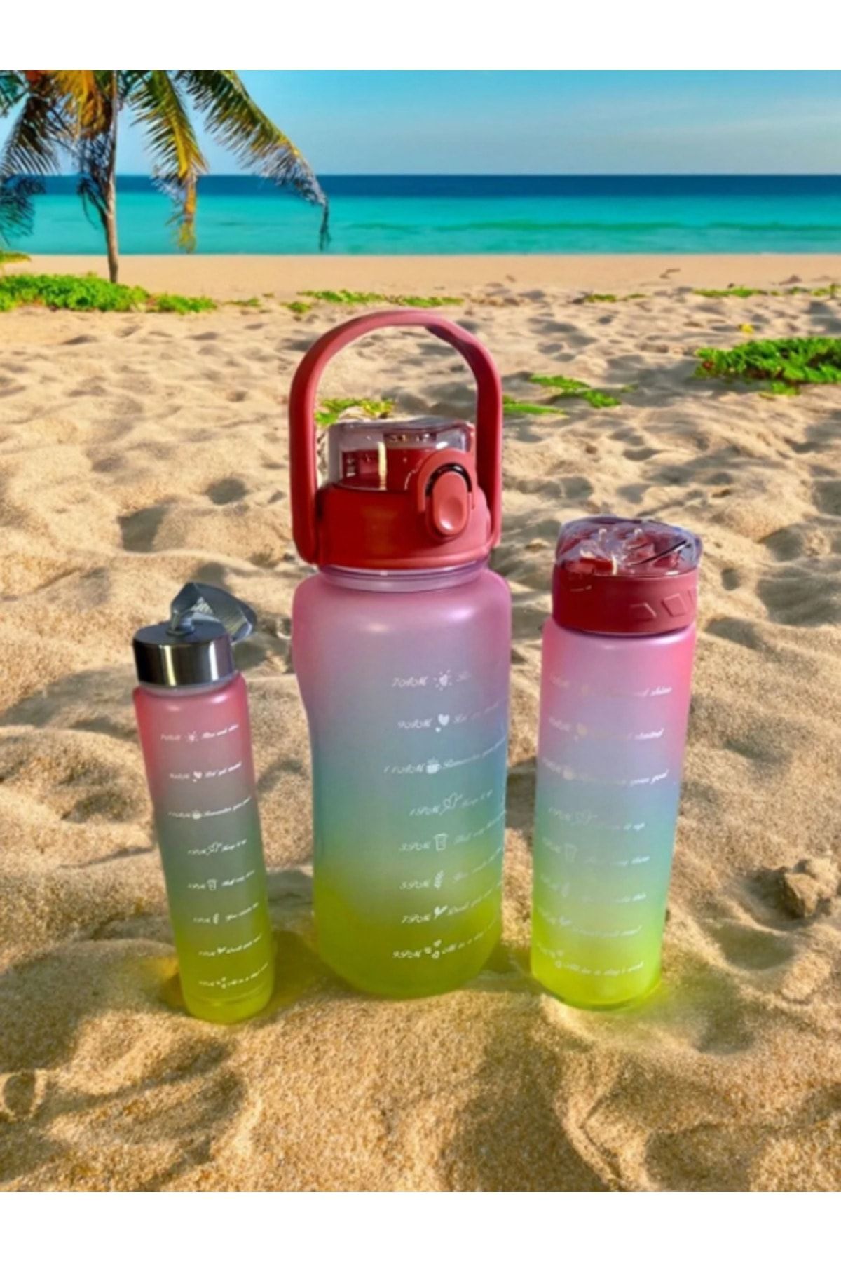 Motivasyonel 3lü Set Su Matarası Su Şişesi Suluk 2lt+900ml+600ml Tritan Spor Salonu Su Şişesi Suluk