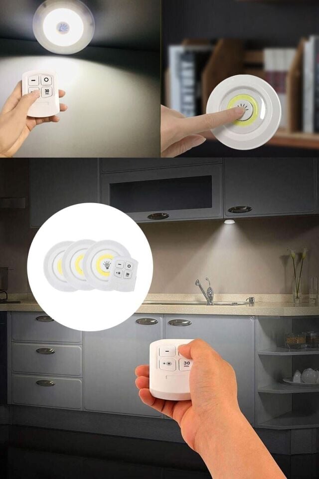 Pratik Uzaktan Kumandalı Yapışkanlı Kablosuz Pilli Led 3'lü Spot Lamba