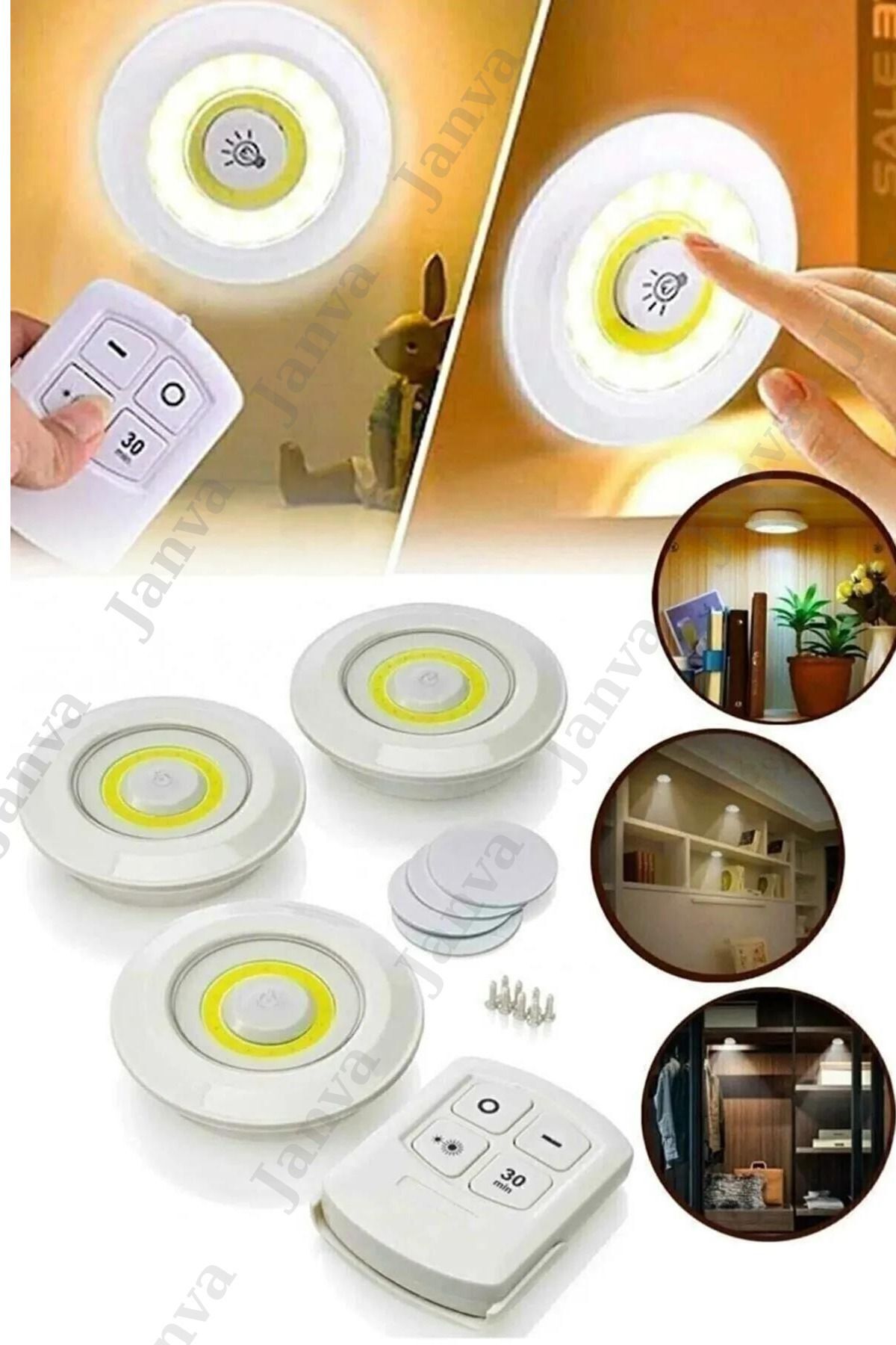 Uzaktan Kumandalı 3 Lü Spot Led Lamba Kablosuz Pilli Işıldak Dolap Işığı Mutfak Rafı Işığı