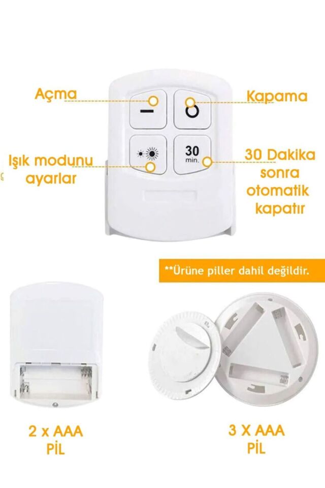 Uzaktan Kumandalı Yapışkanlı Kablosuz Pilli Led 3 Lü Spot Lamba Koridor Mutfak Tezgah Dekoratif