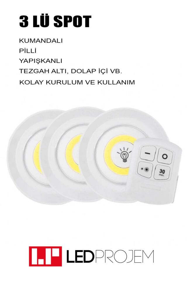 Uzaktan Kumandalı Kablosuz Yapışkan Pilli Led Spot Mutfak Tezgah Spotu Dolap İçi Spot