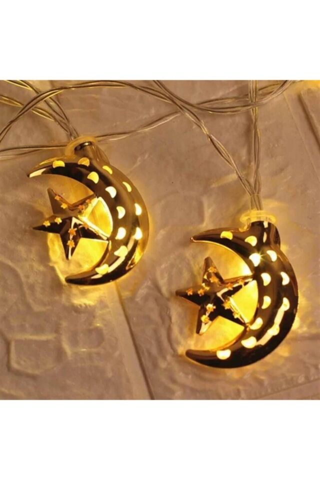 Dekoratif Gold Renk Delikli Ay Yıldız 10 Lu Dekoratif Led Lamba 2 Mt