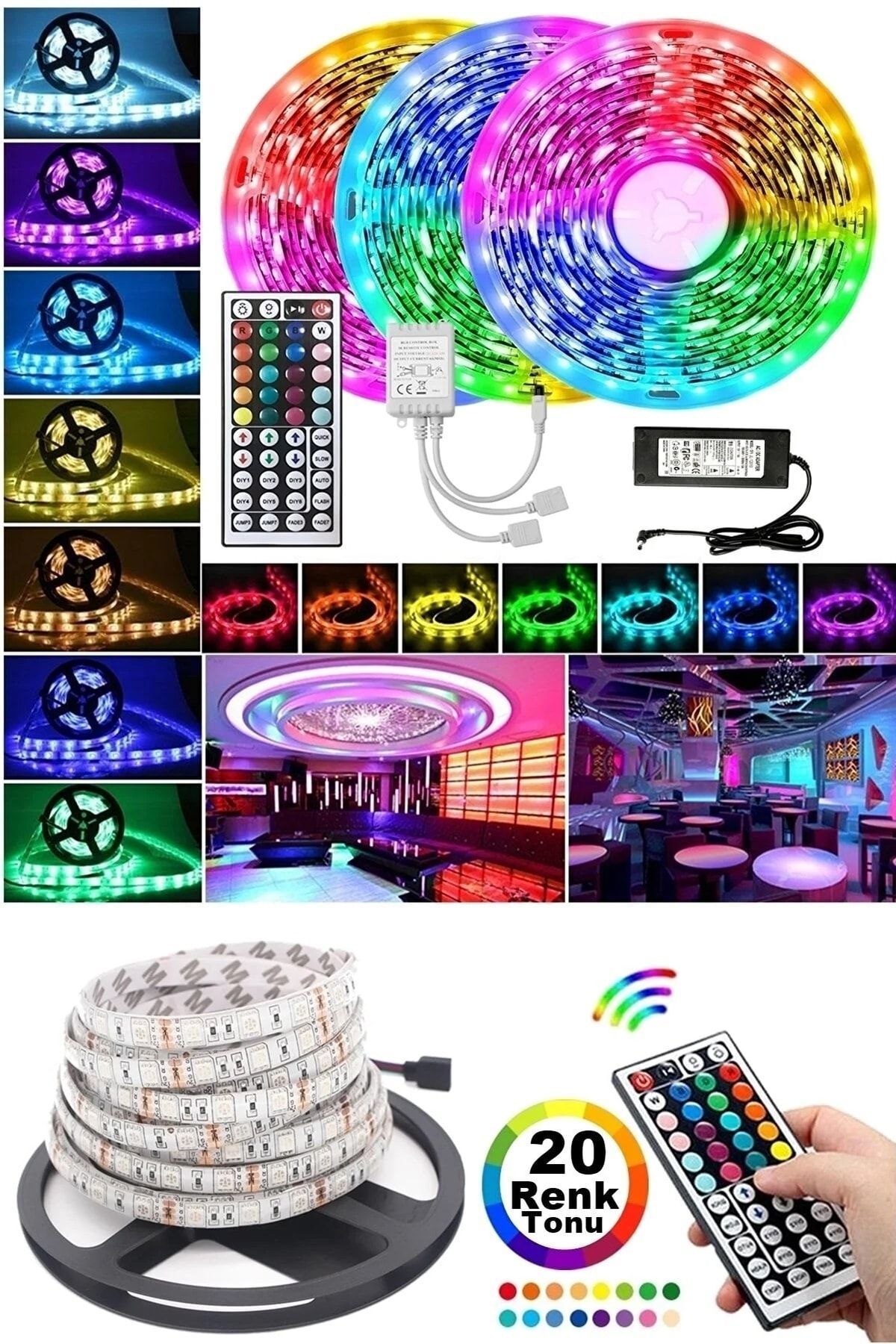 X2 Pro-2023 Yeni Model Rgb Şerit Led Dekoratif Mekan 5 Mt 20 Renk 44 Tuş Akıllı Kumanda Fonksiyonlu