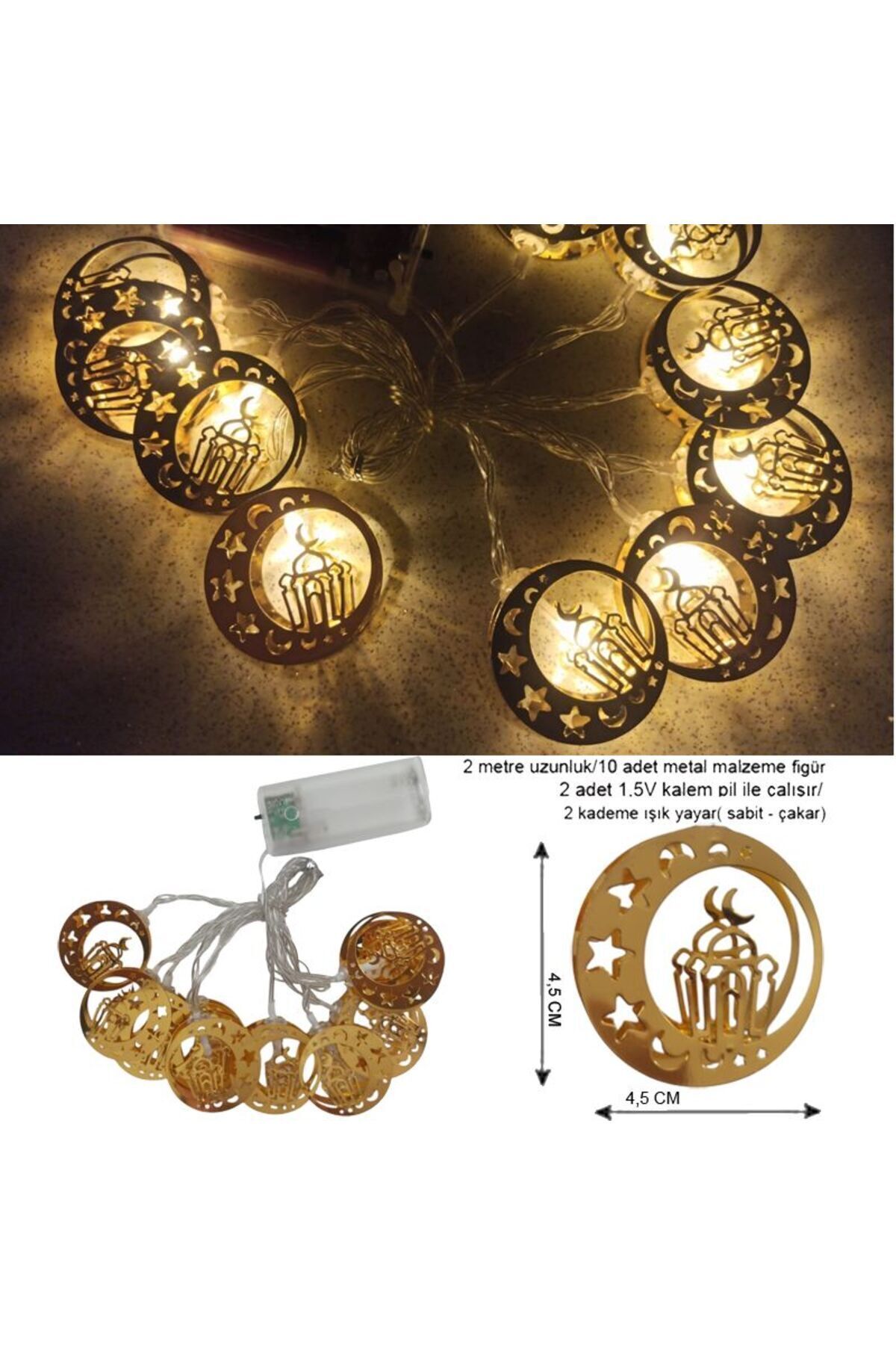 Hilal Içinde Cami Şerefesi Ramazan Temalı 10 Metal Ampullü Pilli Gün Işığı Led Işık 2 Mt