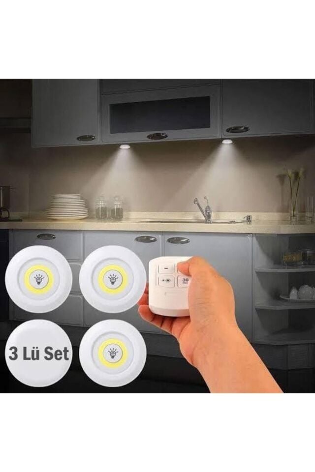 Uzaktan Kumandalı Yapışkanlı Kablosuz Pilli Led 3'lü Spot Lamba