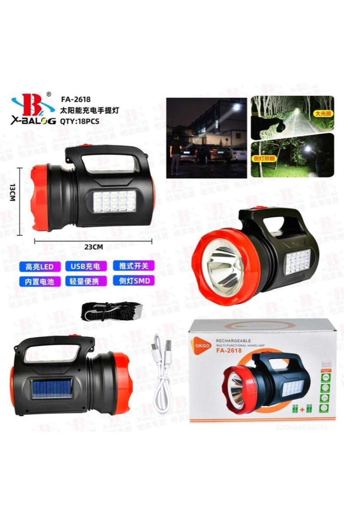 Büyük Boy Prejektör El Feneri Solar Güneş Enerjili Usb Şarjlı Yan Aydınlatmalı 50w+5w Lamba Işıldak