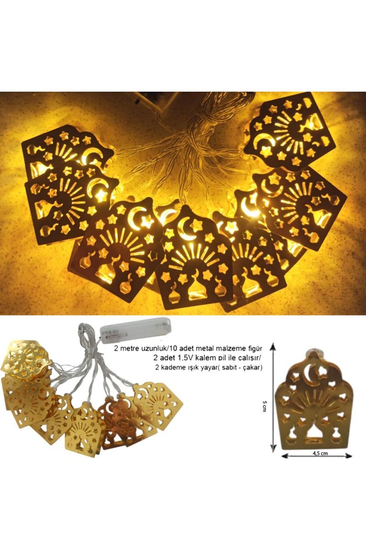 Ramazan Temalı Gün Işığı 10 Metal Ampullü Dini Sembollü Fener Şeklinde Pilli Led Işık 2 Mt