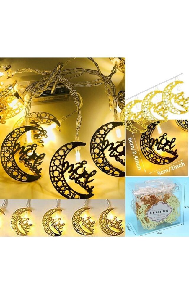 Ramazan Temalı Gün Işığı 10 Ampullü Metal Hilal Şeklinde Eid Mubarak Pilli Led Işık 2 Mt