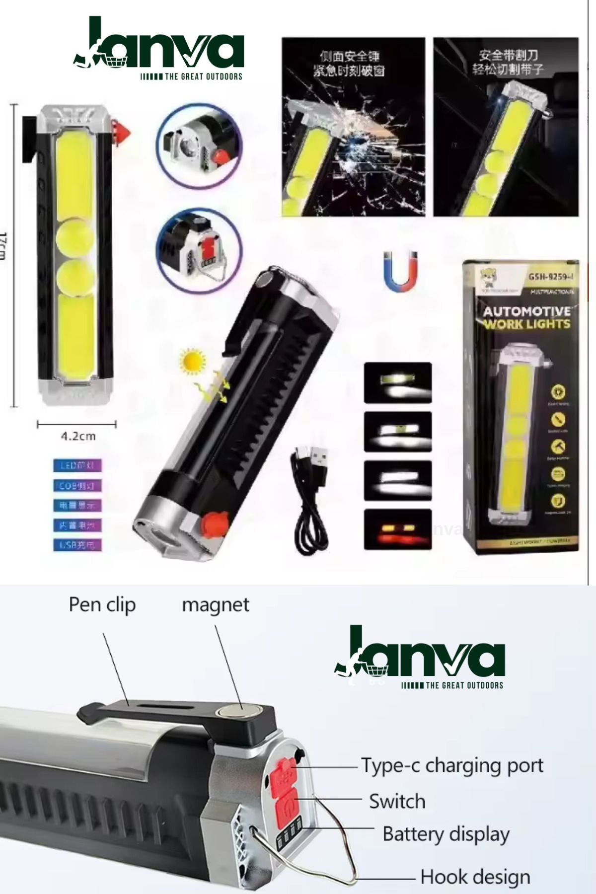 Kampçı Tamirci Deprem Arama Kurtarma Feneri Cam Kırma Ip Kesme Usb Li Fener Aydınlatma Mıknatıslı
