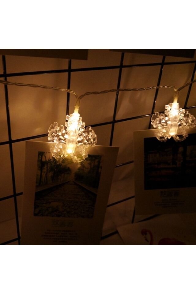Snow Flake Photo Clip String Led Warm Light Gün Işığı Pilli Kar Tanesi Mandal Led Işık 2 Metre Led