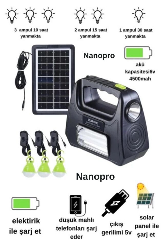 At-999 Solar Güneş Enerjili Aydınlatma Sistemi Kamp Lambası 3 Adet Lambalı En İyi Fiyat