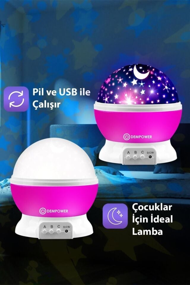 Küre Renkli Yıldızlı Gökyüzü Projeksiyon Gece Lambası Pembe