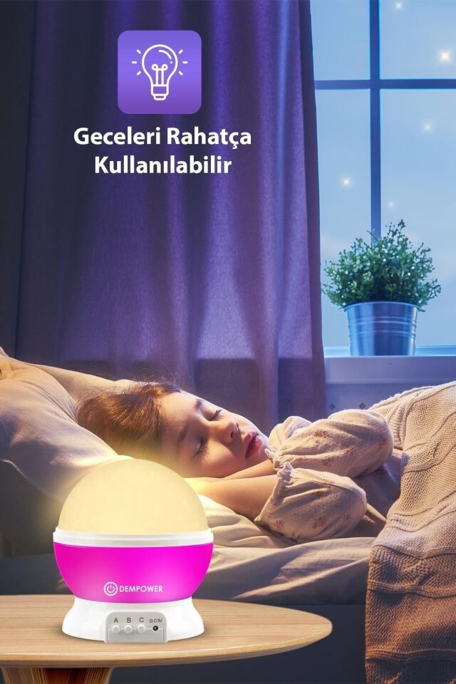 Küre Renkli Yıldızlı Gökyüzü Projeksiyon Gece Lambası Pembe