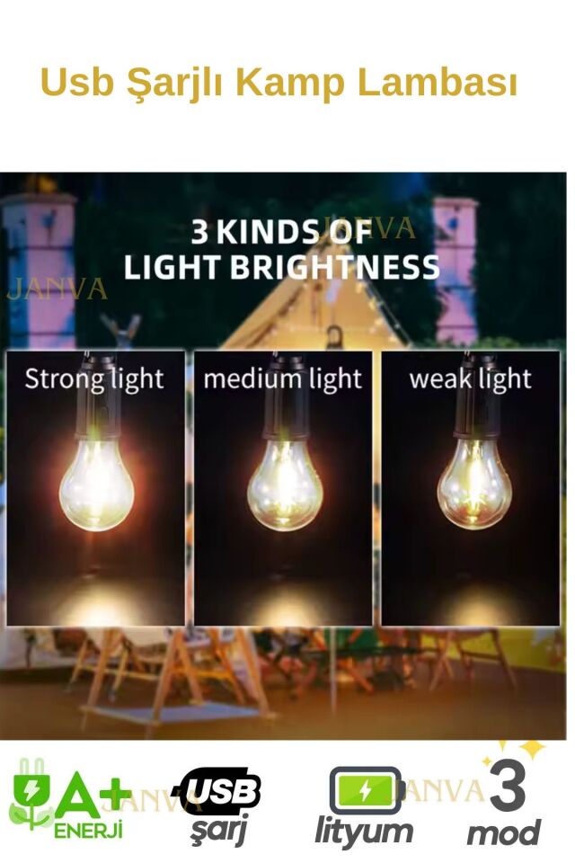 Taşınabilir Usb Şarjlı Led Ampül Outdoor Kamp Bahçe Lambası Askılı Kırılmaz Işık Işıldak 11 Watt