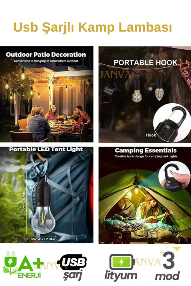 Taşınabilir Usb Şarjlı Led Ampül Outdoor Kamp Bahçe Lambası Askılı Kırılmaz Işık Işıldak 11 Watt