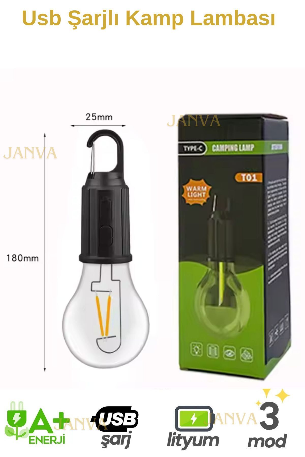 10W USB Şarjlı Askılı - 4 Kademeli Led Ampul 3200K - Sarı Işık