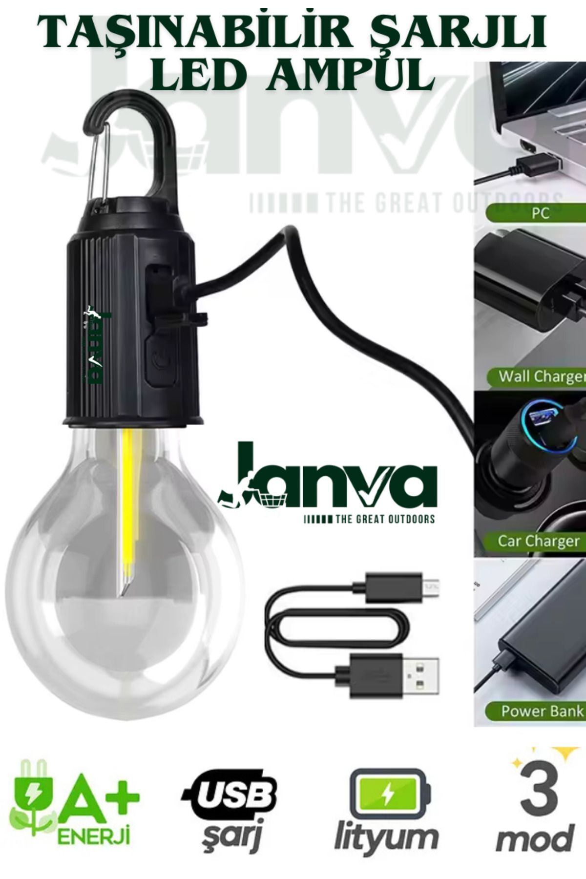 Rustik Taşınabilir Şarjlı Tasarruflu Ampul 10W Led Lamba Type-c Şarj Askılı Asma Aydınlatma