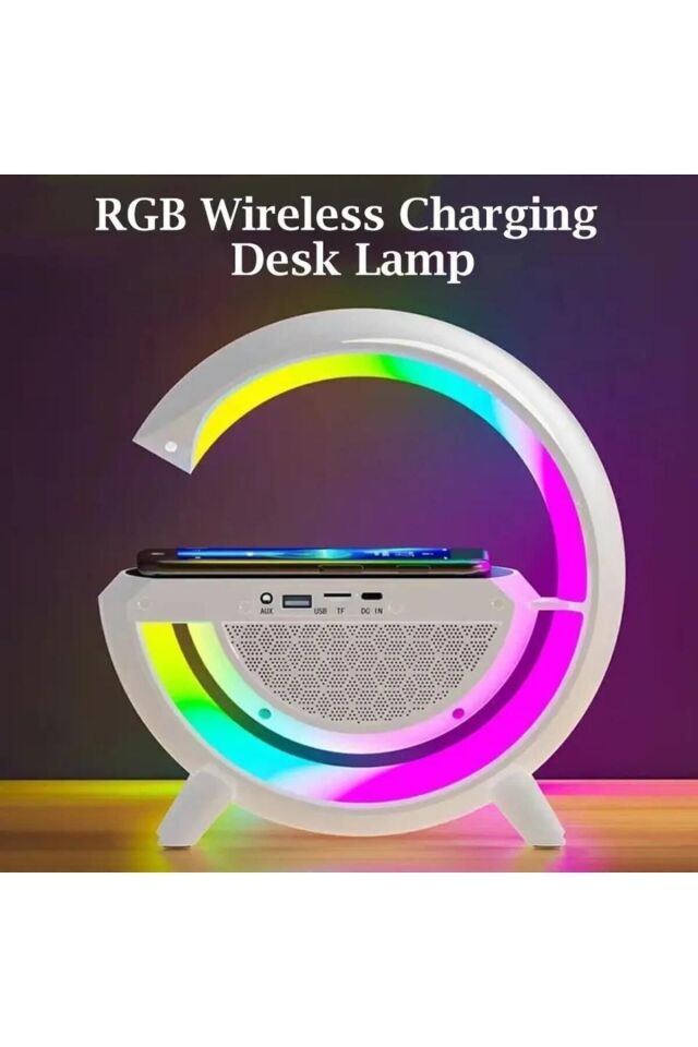 Kablosuz Şarj Özellikli Modern Saat Bluetooth Hoparlör Gece Masa Lambası Çok Fonksiyonlu Atmosferik