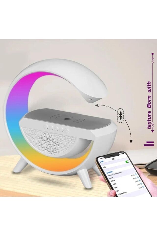 Kablosuz Şarj Özellikli Modern Saat Bluetooth Hoparlör Gece Masa Lambası Çok Fonksiyonlu Atmosferik