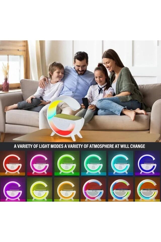Kablosuz Şarj Özellikli Modern Saat Bluetooth Hoparlör Gece Masa Lambası Çok Fonksiyonlu Atmosferik