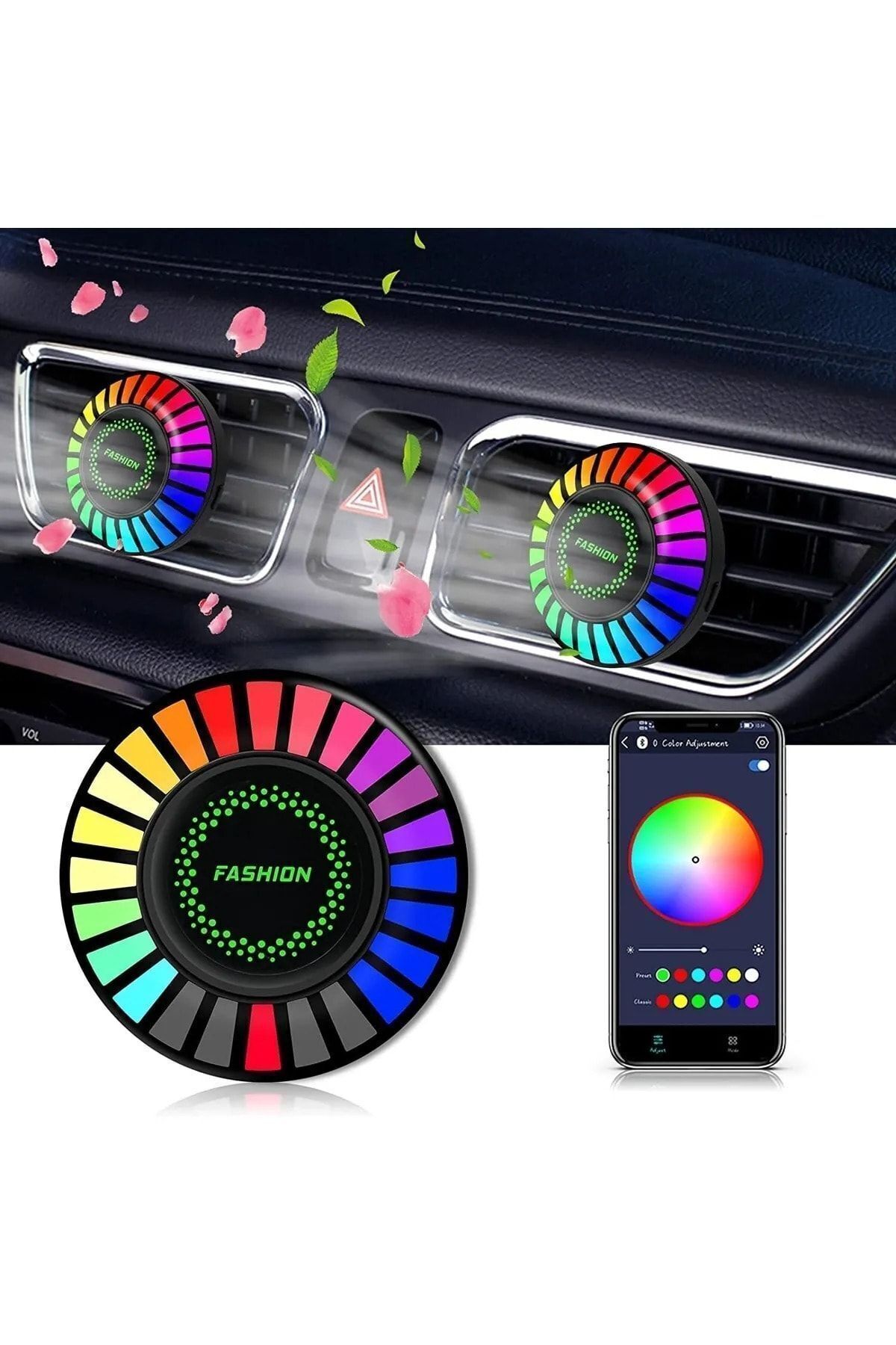 Araç İçi RGB Sese Duyarlı LED Işıklı Ekolayzer ve Koku Cihazı Yuvarlak Model 1 ADET