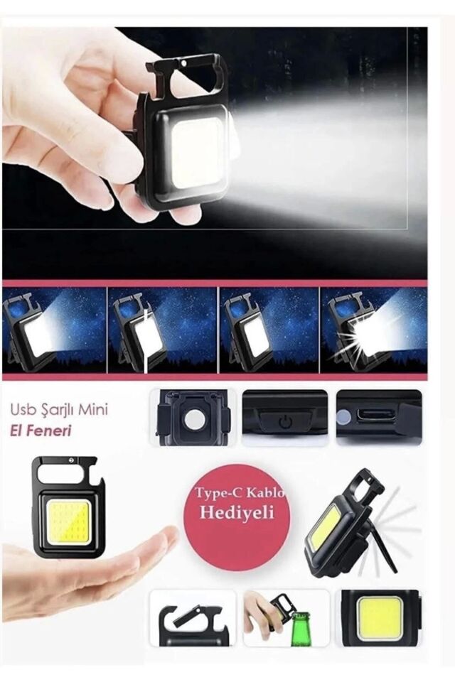 El Feneri Mini Cobledli Mıknatıslı Şarjlı Projektör, Anahtarlık, Şişe Açacağı ,kamp Işığı 3ışık Mod