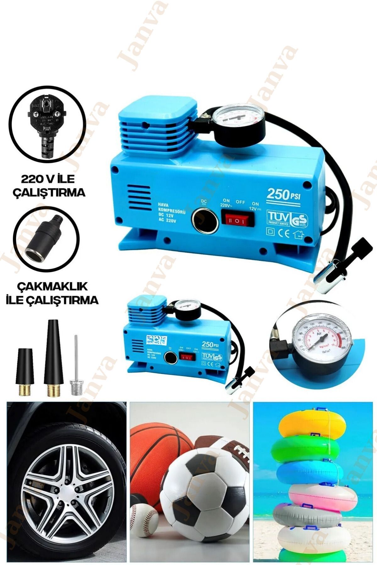 220 Volt-12 Volt 250 Psi Psi Kompresör Lastik Hava Şişirme Oto Pompası Fişli Çakmaklıklı