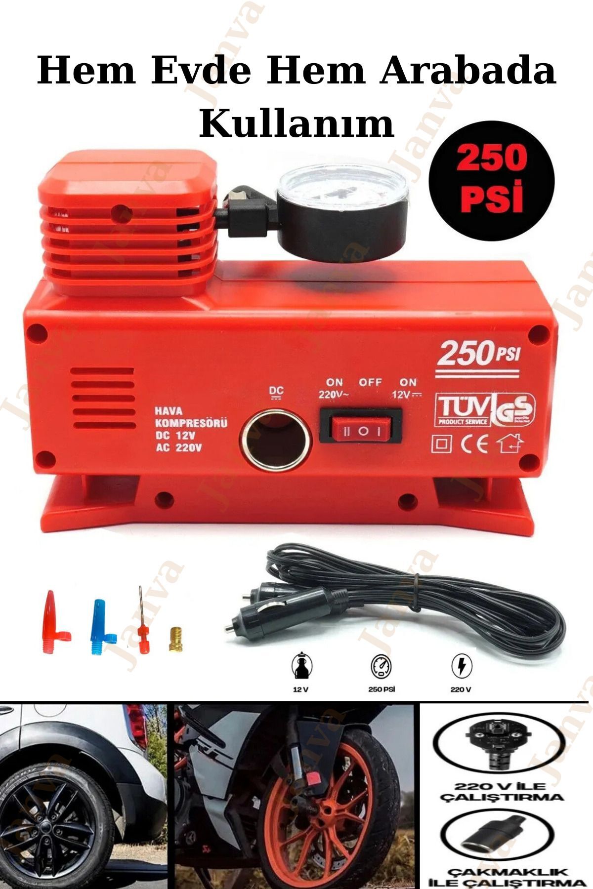 Araba Oto Araç Lastik Şişirme Pompası Hava Kompresörü 250psi DC 12-AC 220 Volt Kompresör Pompa Seti